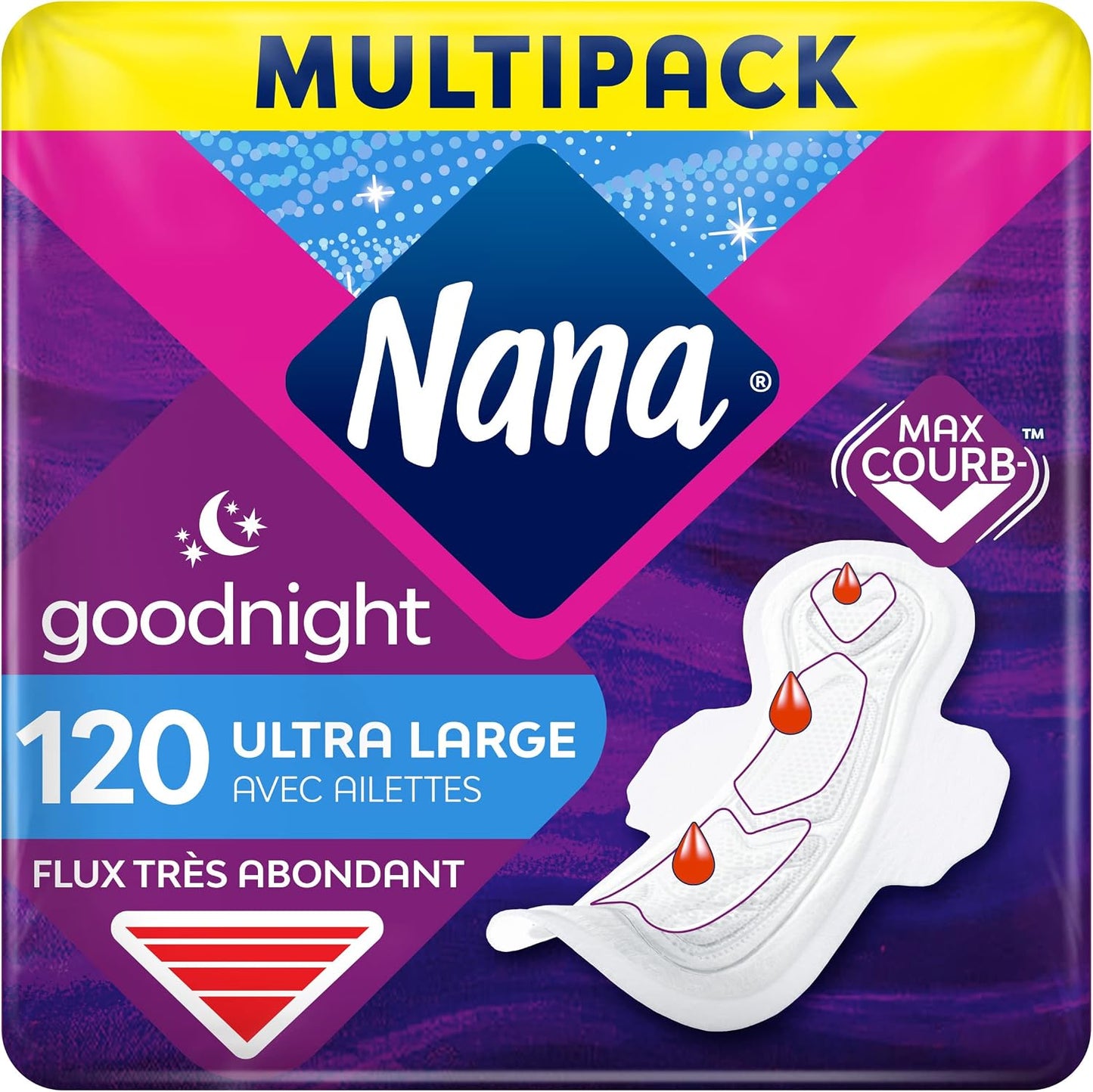 321208 - NANA Peceta të Mëdha Sanitare Ultra Goodnight me Krahë, Fluks Shumë i Rëndë, 120 Peceta.