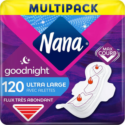 321208 - NANA Peceta të Mëdha Sanitare Ultra Goodnight me Krahë, Fluks Shumë i Rëndë, 120 Peceta.