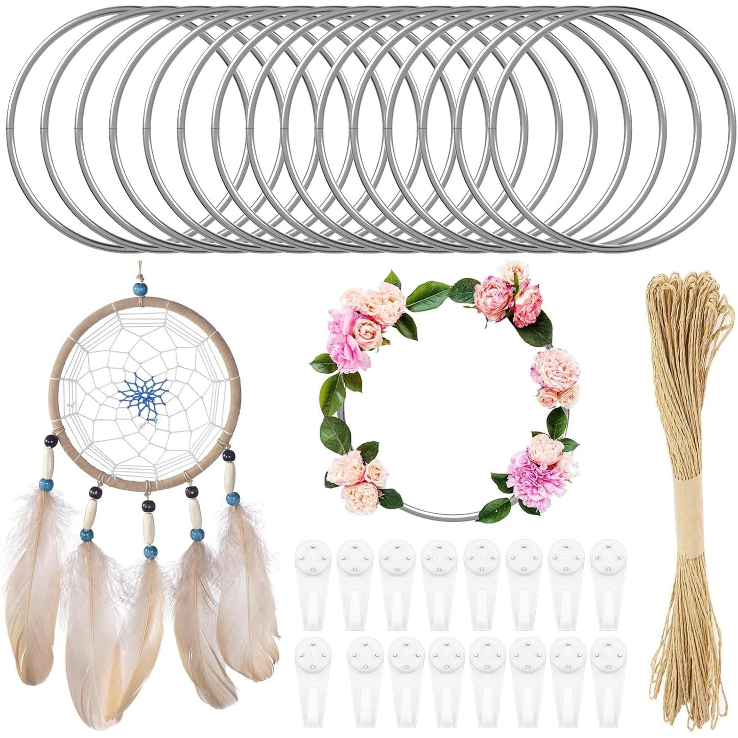 138442 - REALURE Unaza Metalike për Kapjen e Ëndrrave, 15 copë, 10cm, Material Argjend, Përdorim për Kurorë Dasmash dhe Punime Artizanale