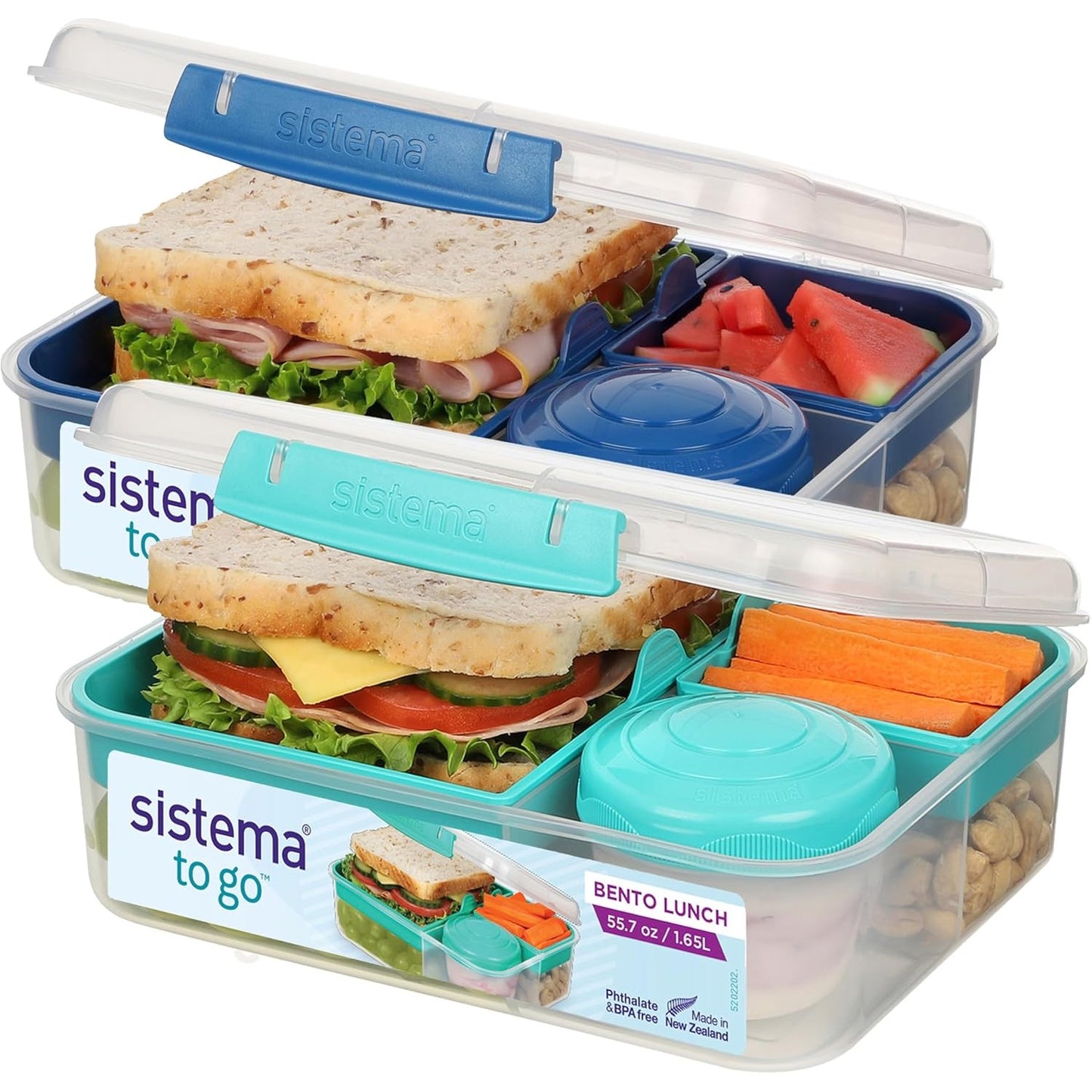 256550 - KUBIKË BENTO SISTEMA TO GO | 1.65 L | Kuti dreke me ndarje dhe kuti për ushqime të lehta | Pa BPA | 2 copë | Ngjyrë menteje dhe blu oqeani