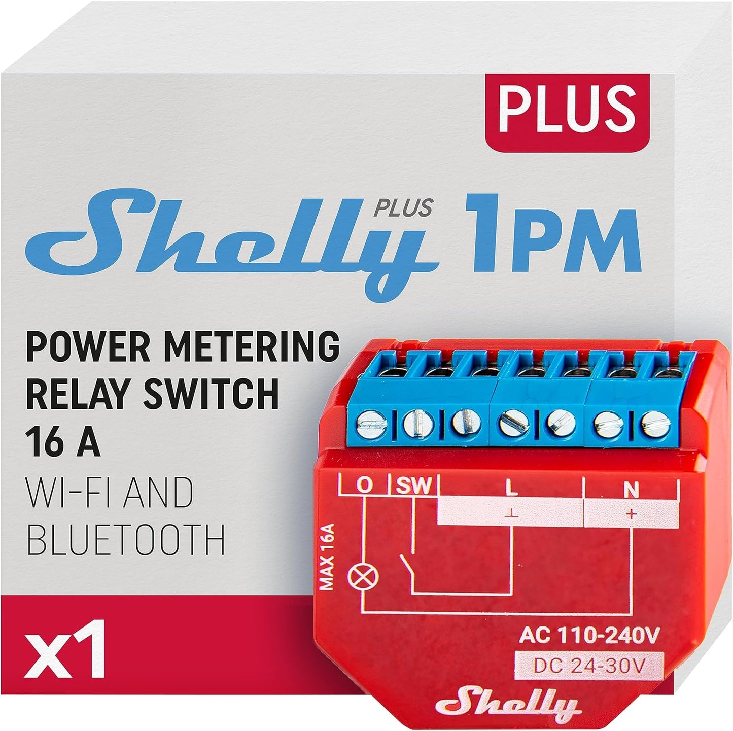 187883 - SHELLY PLUS 1PM, Ndërprerës Releje Wi-Fi dhe Bluetooth me Matës Energjie, Kompatibil me Alexa dhe Google Home, i Përshtatshëm për iOS dhe Android, Kontroll i Dritave në Telekomandë, Nuk Kërkohet Hub