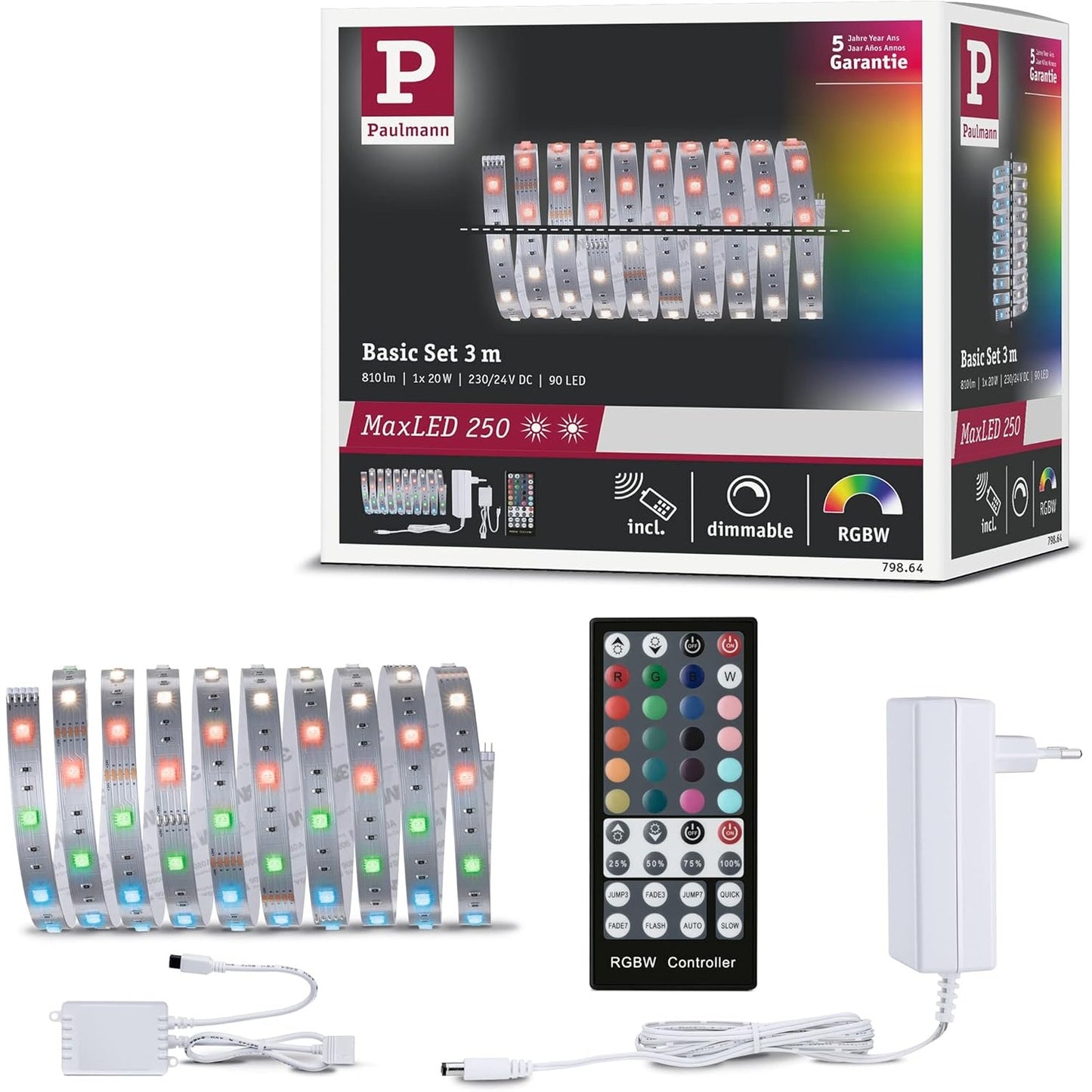 221553 - PAULMANN MaxLED 79864 Pako me 250 shirita LED të errësueshëm, plastike, 3m, 20W, 810lm, RGBW, 36VA, 3000K, Argjend