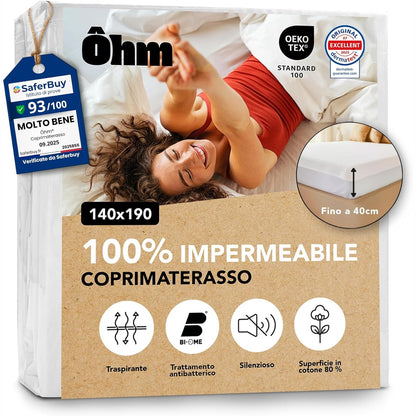 252897 - ÔHM Mbrojtëse dysheku 140x190 cm, pambuku e papërshkueshme nga uji, stil çarçafi i montuar, e heshtur dhe hipoalergjike, e certifikuar Oeko-TEX