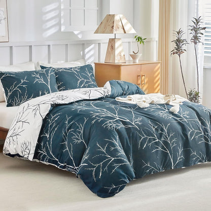 184321 - TOKOKIMO - Set Shtrati Jorgani 220x240cm me 2 Mbulesa Jastëku 65x65cm, Modeli Dege dhe Gjethe, Zinxhir Blu Marine