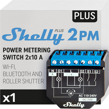 124077 - SHELLY PLUS 2PM - Ndërprerës Releje me Wi-Fi dhe Bluetooth, Matje Konsumi, 2 Kanale 16A, Automatizim për Qepenat, Perdenat, dhe Grilat me Rrota, Kompatibël me Alexa dhe Google Home, Aplikacion për iOS dhe Android