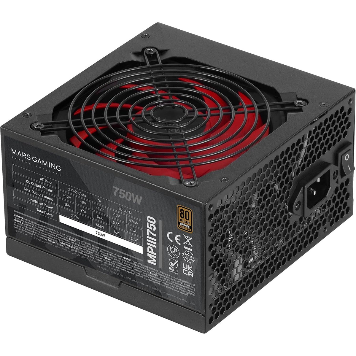 299309 - MARS GAMING MPIII750, Furnizim me energji për PC ATX 750W, Garanci 5-vjeçare, Efikasitet 85%, Ventilator 120 mm, Kabllo të sheshta, të zeza