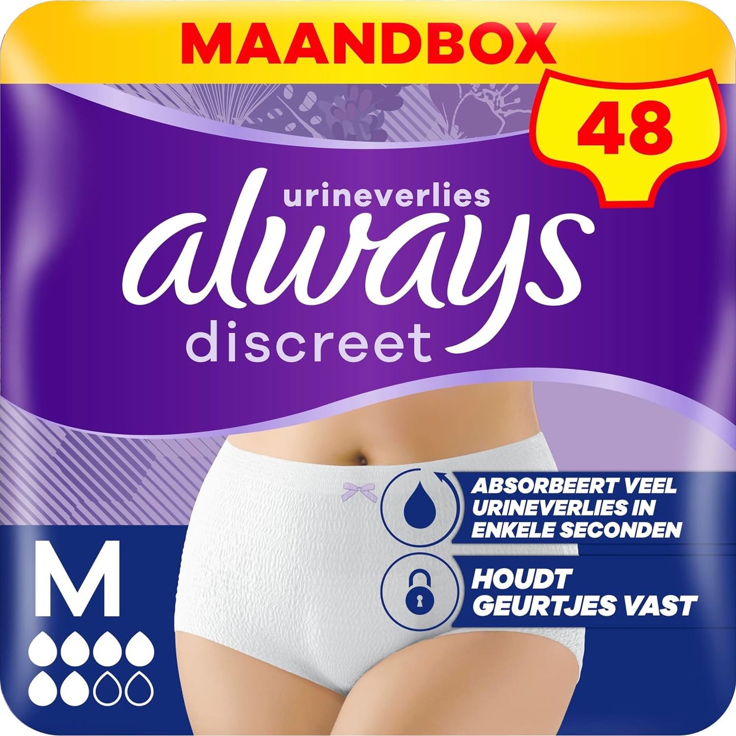316576 - ALWAYS DISCREET, 48 Mbajtëse për Inkontinencë për Femra, Madhësia M, të Bardha, Mbrojtje Shumë Thithëse, Pako 1 Mujore, 4 copë