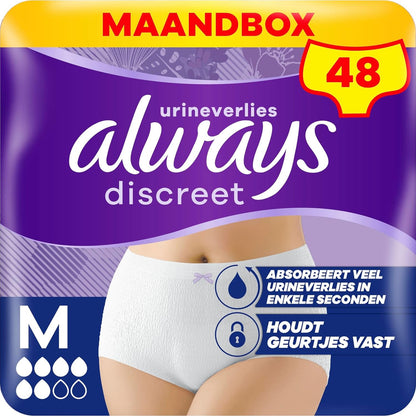 316576 - ALWAYS DISCREET, 48 Mbajtëse për Inkontinencë për Femra, Madhësia M, të Bardha, Mbrojtje Shumë Thithëse, Pako 1 Mujore, 4 copë