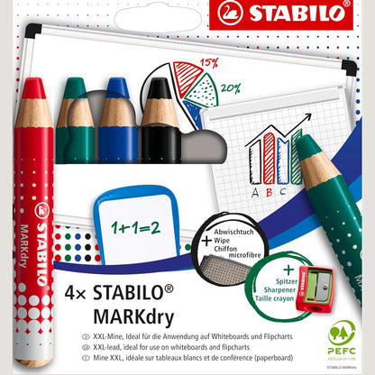 274424 - STABILO MARKdry Laps Shënues, Kuti me 4 Lapsa për Dërrasë të Bardhë, Majë XXL, Fshishëm, Ngjyra: E Zezë, Blu, E Kuqe, Jeshile