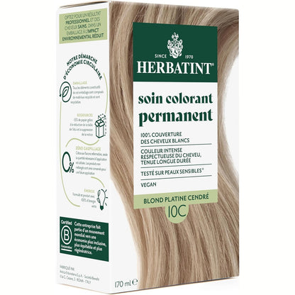 318296 - HERBATINT Trajtim i përhershëm për ngjyrosjen e flokëve 10C Blonde Platini Hiri - 170ml | Pa amoniak, 100% mbulim i thinjave | Testuar dermatologjikisht për lëkurë të ndjeshme, me 8 ekstrakte bimore organike