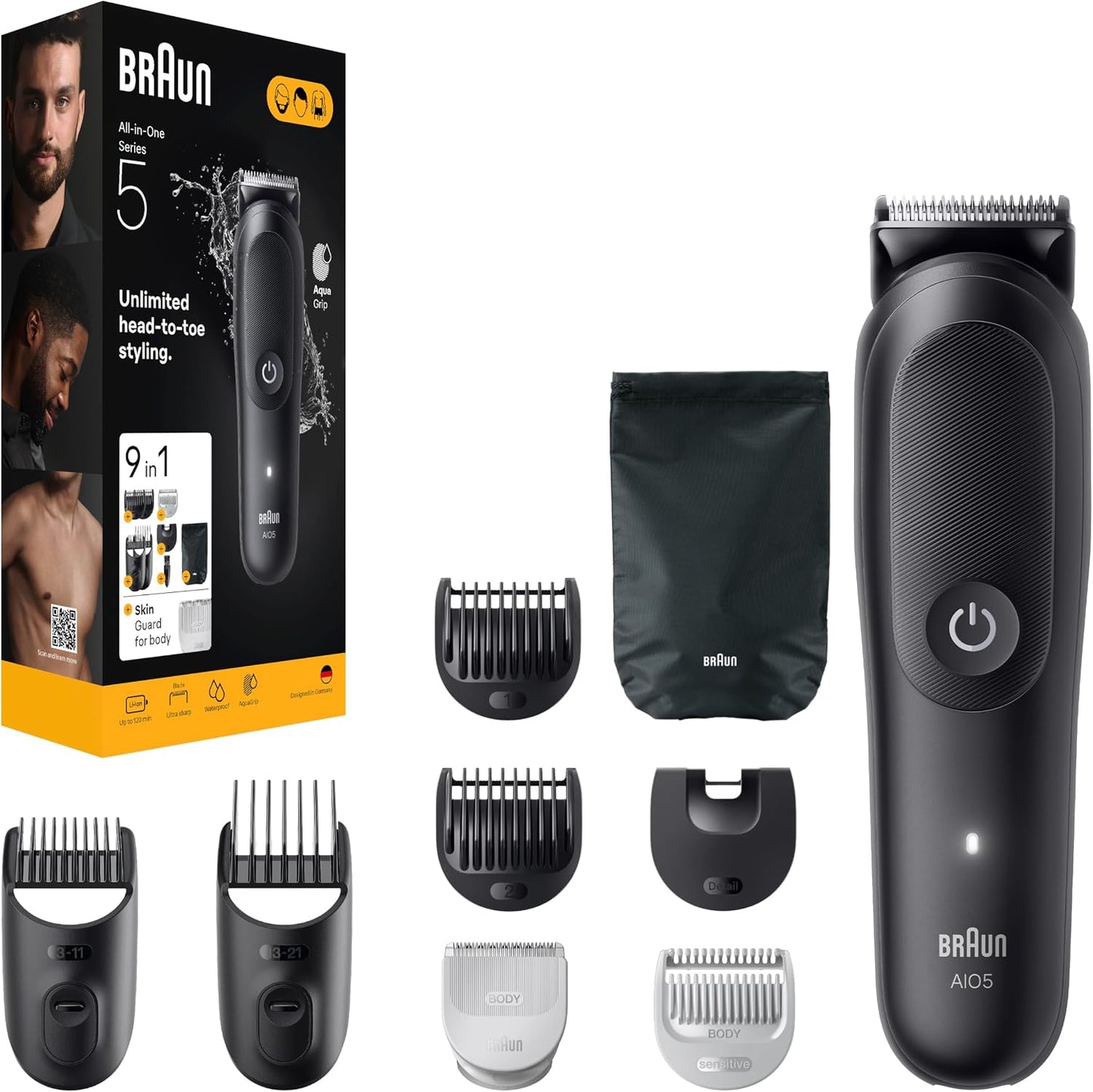 275163 - BRAUN Makinë prerëse elektrike për flokë, Seria 5 AIO5540 9-në-1, e zezë, e papërshkueshme nga uji, me bateri të rikarikueshme, teh ultra i mprehtë, pa tel, set me 7 krehëra, çantë udhëtimi.