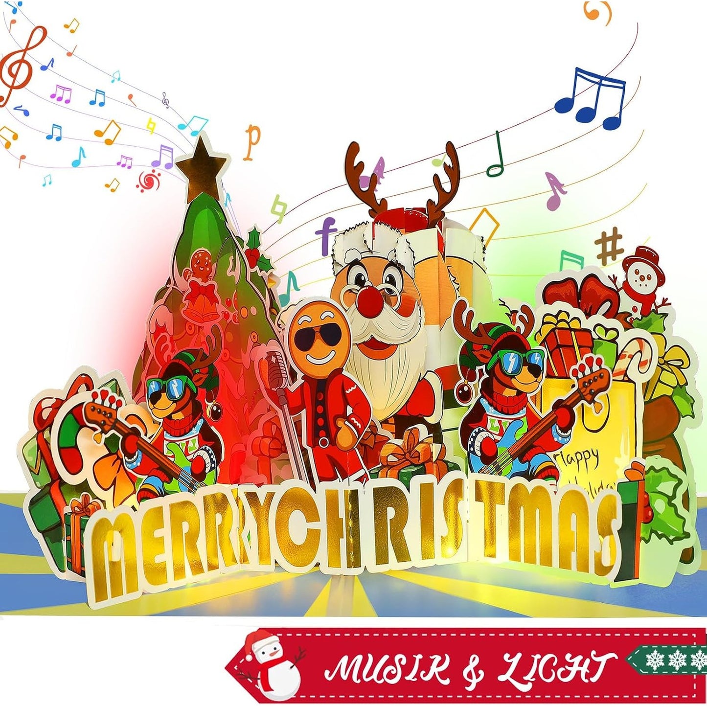 267083 - Kartë Krishtlindjesh pop-up me muzikë dhe drita, 3D e Babagjyshit, për fëmijë, gra, burra, mbesa, nipër