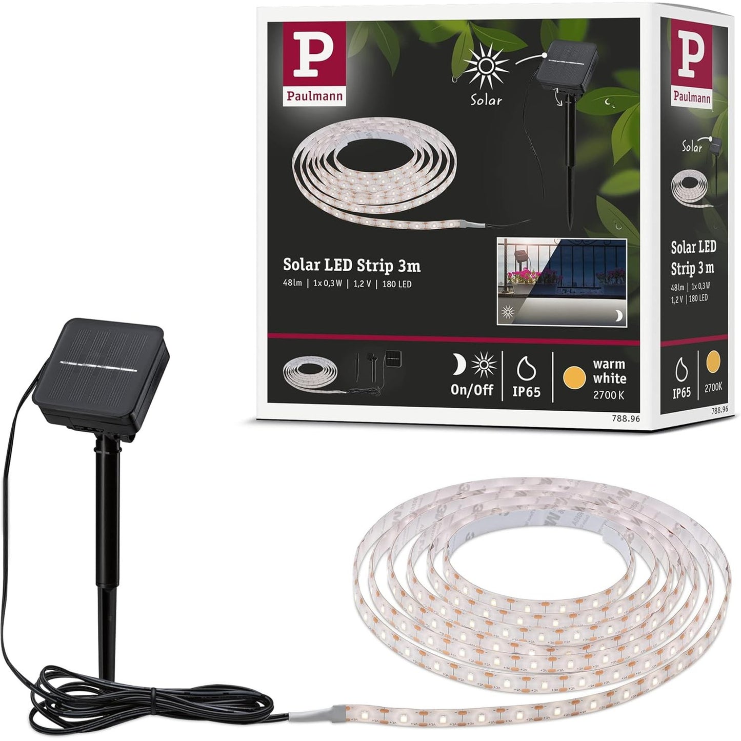 202038 - PAULMANN LED Stripe Solar 78896, 3m, me sensor muzgu, bateri IP44, fuqia 0.3W, ndriçim 48lm, 60LED/m, temperatura e ngjyres 2700K, e bardhë e ngrohtë, plastikë e zezë