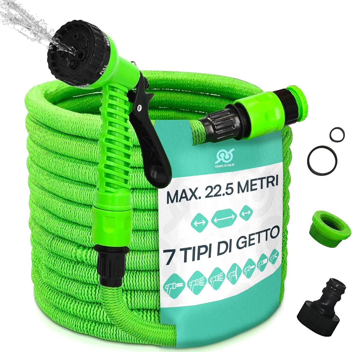 314101 - KOHË ZBRITJESH Tub uji për kopsht 22.5 metra, Pompë uji e lehtë dhe e qëndrueshme, Tub kopshti i zgjerueshëm me pistoletë ujitjeje 7 mënyra spërkatjeje