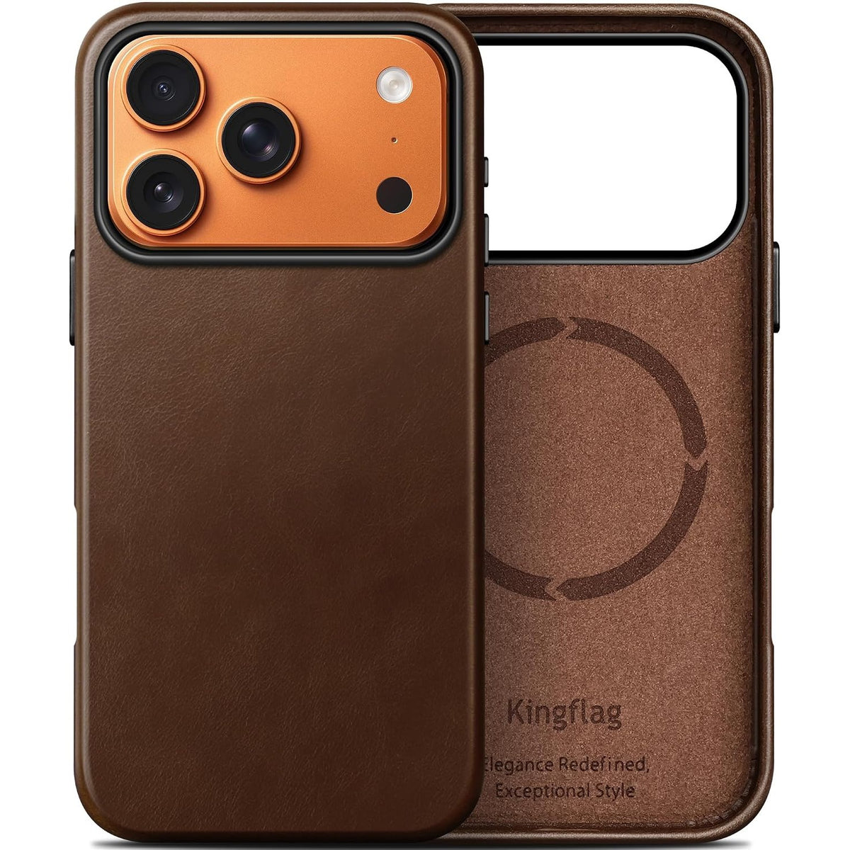309844 - KINGFLAG Mbështjellës lëkure për iPhone 17 Pro 6.3 inç, lëkurë e plotë e lyer me vaj, e pajtueshme me MagSafe, ekstra e hollë (kafe)