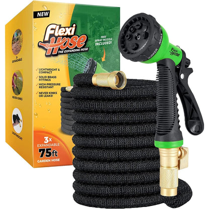 313739 - Tub fleksibël i zgjeruar për kopsht - Ultra fleksibël/pa ngatërresa - Pajisje prej bronzi të fortë 2cm - 8 mënyra ujitjeje - E zezë - 23m