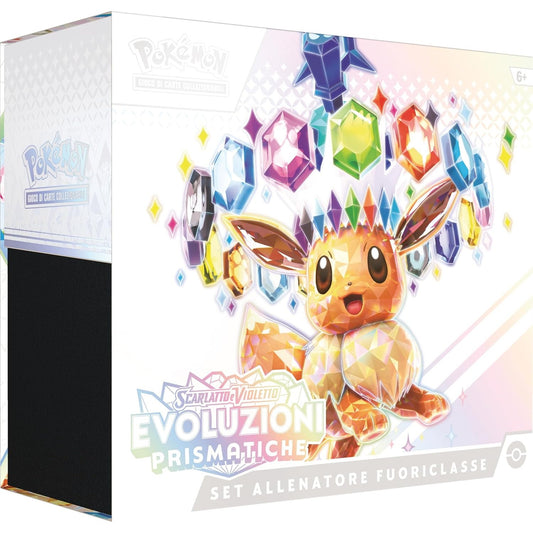 58383 - Pokémon TCG: KUTI E TRAJNERIT ELIT - Evolucione Prizmatike nga bordoja e kuqe dhe e vjollcë (1 kartë promocionale me art të plotë, 9 paketa përforcuese dhe aksesorë premium), në gjuhën italiane