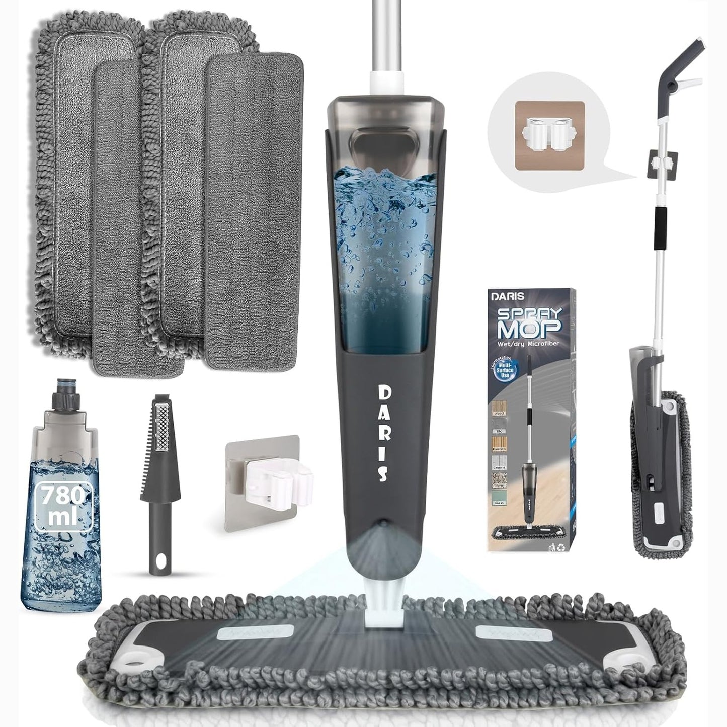 214085 - DARIS Mop Sprej Mikrofibre për Pastrimin e Dyshemeve, 360 Gradë, me 4 Sfungjerë të Larëshëm, 780 ml