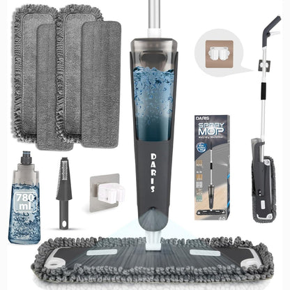 214085 - DARIS Mop Sprej Mikrofibre për Pastrimin e Dyshemeve, 360 Gradë, me 4 Sfungjerë të Larëshëm, 780 ml