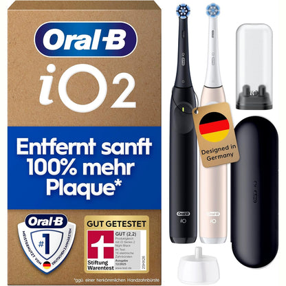 274903 - ORAL-B Furçë dhëmbësh elektrike iO Seria 2, Pako dyshe, 2 koka furçe, e zezë/rozë, e testuar nga STIFTUNG WARENTEST, përfshirë çantën e udhëtimit dhe 3 mënyra pastrimi