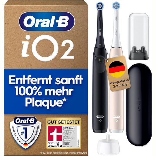 274903 - ORAL-B Furçë dhëmbësh elektrike iO Seria 2, Pako dyshe, 2 koka furçe, e zezë/rozë, e testuar nga STIFTUNG WARENTEST, përfshirë çantën e udhëtimit dhe 3 mënyra pastrimi