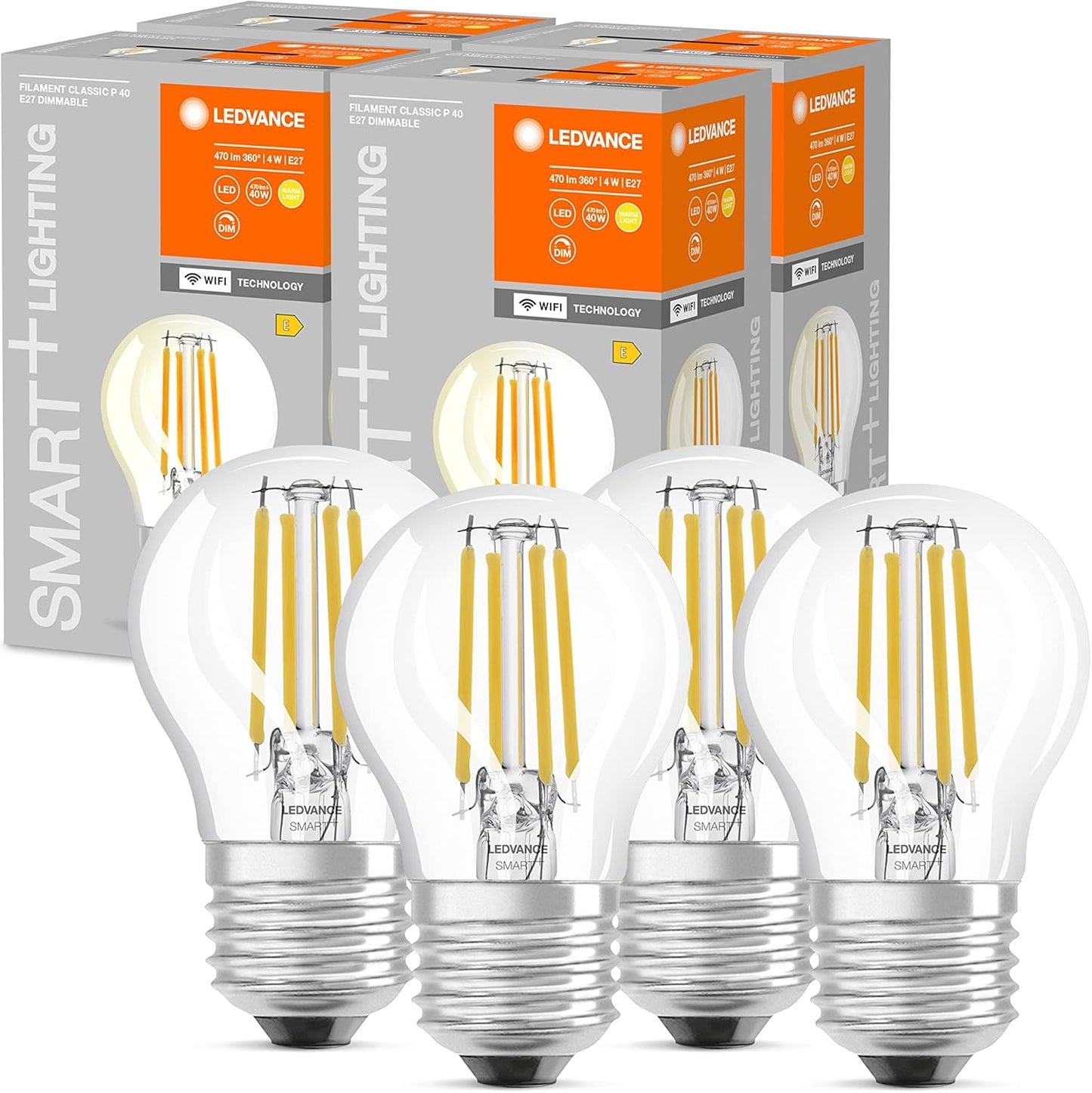 241136 - LEDVANCE Llampa LED inteligjente me teknologji Wi-Fi, bazë E27, ngjyrë e bardhë e ngrohtë (2700K), në formë pike loti, filament transparent, zëvendësim për llambat inkandeshente 40W, e kontrollueshme me Alexa dhe Google, pako me 4