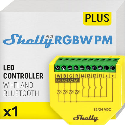 293293 - SHELLY PLUS RGBW PM - Kontrollues WiFi për shirita LED, 12-24 VDC, 3 profile ndriçimi, matje e fuqisë, rregullues ndriçimi, për dritë të bardhë ose me ngjyra, nuk kërkohet qendër, kompatibilitet me Alexa dhe Google Home