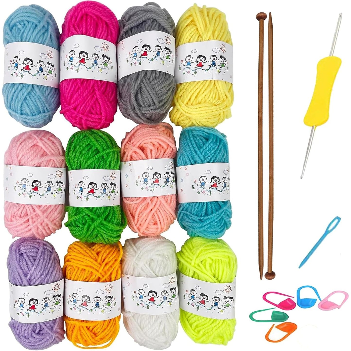 224177 - KYEDGC - KIT thurjeje me 21 pjesë, fije në 12 ngjyra, 2 gjilpëra thurjeje prej bambuje, kit fillestar për thurje