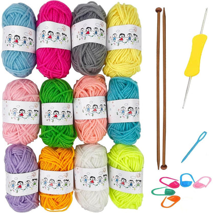 224177 - KYEDGC - KIT thurjeje me 21 pjesë, fije në 12 ngjyra, 2 gjilpëra thurjeje prej bambuje, kit fillestar për thurje