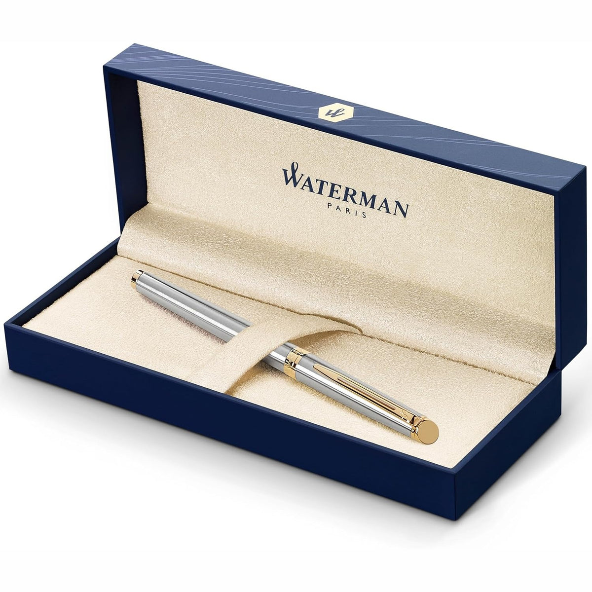 319456 - WATERMAN Stilolaps Hémisphère, çelik inox me zbukurim ari 23K, majë e hollë, bojë blu, kuti dhurate