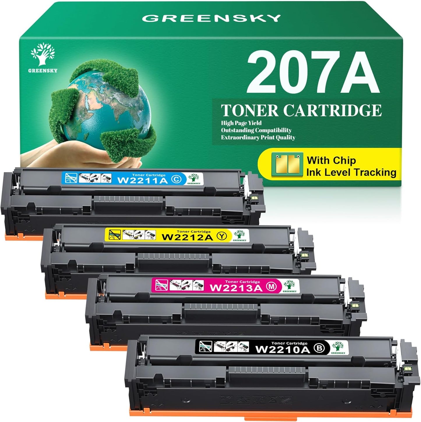 103732 - GREENSKY 207A - Carton i Përputhshëm me Çip për Printerët HP 207A 207X, HP Color Laserjet Pro MFP M283fdw, M283fdn M283cdw M282nw, Color Laserjet Pro M255dw M255nw, Modelet W2210A W2211A W2212A W2213A (Pako prej 4 Cartonash, në Ngjyrë të Zi)