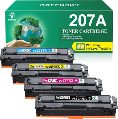 103732 - GREENSKY 207A - Carton i Përputhshëm me Çip për Printerët HP 207A 207X, HP Color Laserjet Pro MFP M283fdw, M283fdn M283cdw M282nw, Color Laserjet Pro M255dw M255nw, Modelet W2210A W2211A W2212A W2213A (Pako prej 4 Cartonash, në Ngjyrë të Zi)
