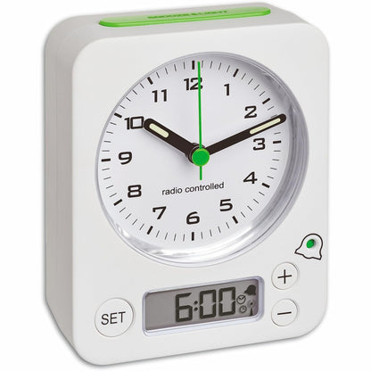 222164 - TFA DOSTMANN - Orë me alarm radioje 60.1511.01.05, Ora analoge dhe alarm dixhital, Funksionon me bateri, E bardhë-jeshile