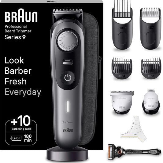 297871 - BRAUN Prerëse mjekre Series 9, Prerëse elektrike mjekre për burra me 10 vegla berberi, Teh ProBlade ultra i mprehtë, Jetëgjatësi baterie 180 minuta, 40 cilësime gjatësie, Rezistent ndaj ujit, BT9420, Gri