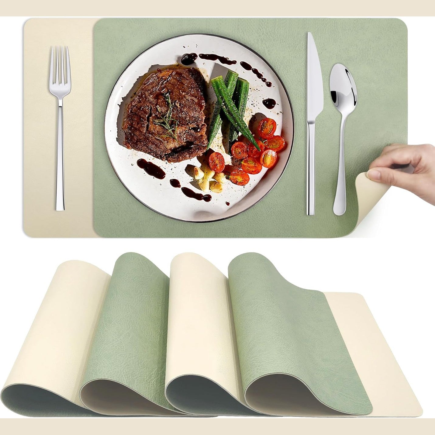 218979 - KITCHENBOSS Mbulesa dhe mbështetëse të lahetshme, 43x30cm, set me 6 copë (jeshile e çelët + bezhë)