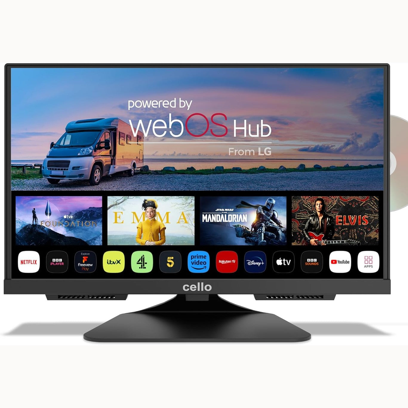 267557 - CELLO C1924WSF 12V 19 INÇ PA KORNIZË SMART TV ME DVD PLAYER TË INTEGRUAR, WebOS Ultra të Shpejtë, Altoparlantë Pitch Perfect, Bluetooth - TV i Vogël për Kasolle