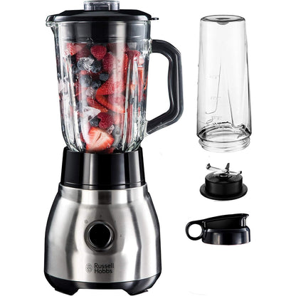 288286 - RUSSELL HOBBS Mikser me Stacion 2-në-1 [Kavanoz Qelqi Blender 1.5L & Mini Smoothie Maker 0.6L - Shishe Pijeje me Kapak për të Marrë me Vete], mund të lahet në lavastovilje, Funksion Pulsimi/Shtypjeje Akullore, Kavanoz pa BPA, Çelik Inoks 23821-56