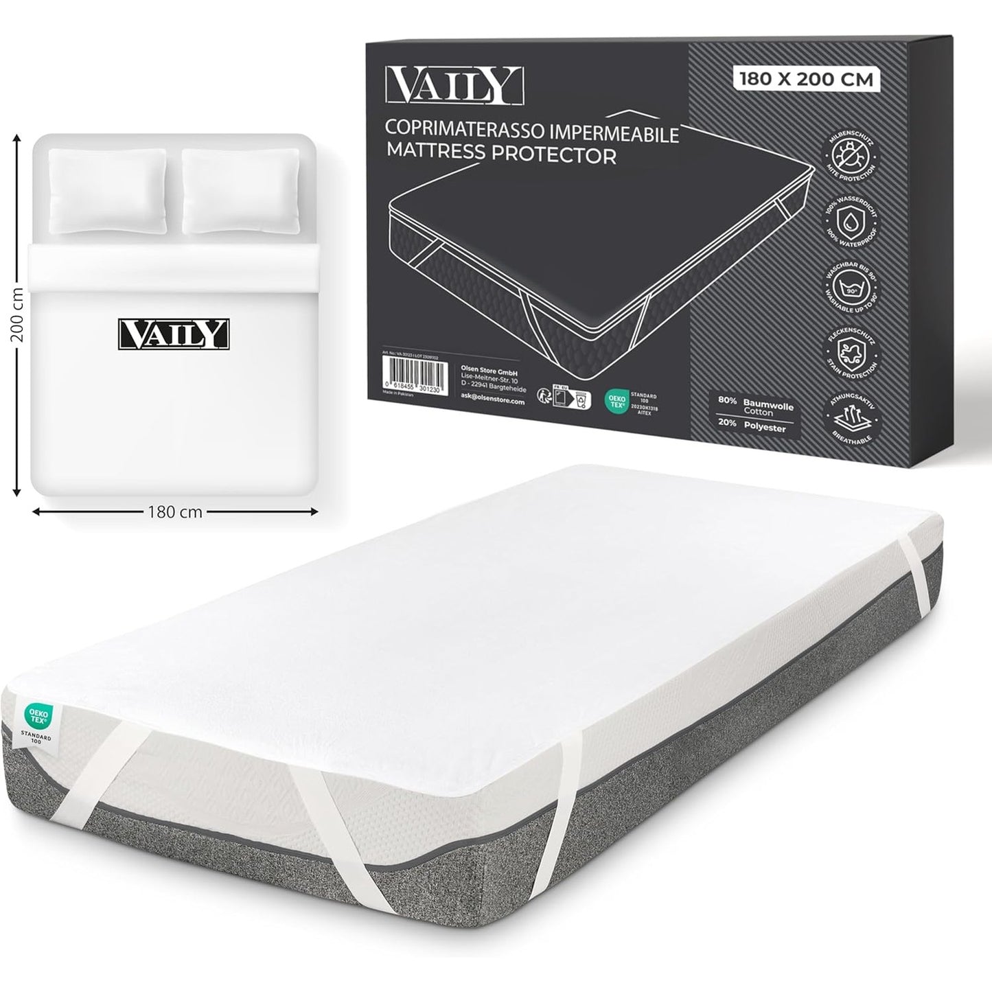 202444 - VAILY Mbrojtëse Dysheku 180x200cm, E Çertifikuar OEKO-TEX, E Papërshkueshme nga Uji, e Larëshme, Mbrojtëse nga Lagështia Që Merr Frymë