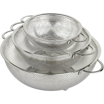 173326 - SETI ADIDAS me 3 kullesa të lëmuara për makarona prej çeliku inox me doreza, kullesë për kuzhinë me mikro-perforim të shkëlqyer dhe sitë metalike 16cm/22cm/28cm për makarona.