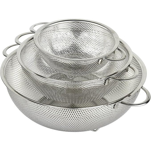 173326 - SETI ADIDAS me 3 kullesa të lëmuara për makarona prej çeliku inox me doreza, kullesë për kuzhinë me mikro-perforim të shkëlqyer dhe sitë metalike 16cm/22cm/28cm për makarona.