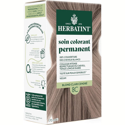 321801 - HERBATINT Trajtim i përhershëm për ngjyrosjen e flokëve 8C Bjonde e çelët hiri, 170 ml, pa amoniak, 100% mbulim i thinjave