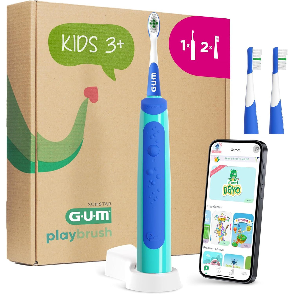 302927 - GUM Furçë dhëmbësh elektrike Playbrush KIDS 3+ | Aplikacion lojërash interaktive | 2 mënyra pastrimi | Qime shumë të buta | Jetëgjatësi baterie 8-javore | Kohëmatës | 1 furçë dhëmbësh sonike e rikarikueshme | 2 koka furçe shtesë | Blu