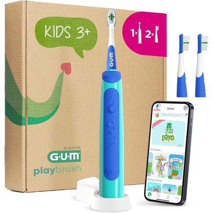 302927 - GUM Furçë dhëmbësh elektrike Playbrush KIDS 3+ | Aplikacion lojërash interaktive | 2 mënyra pastrimi | Qime shumë të buta | Jetëgjatësi baterie 8-javore | Kohëmatës | 1 furçë dhëmbësh sonike e rikarikueshme | 2 koka furçe shtesë | Blu