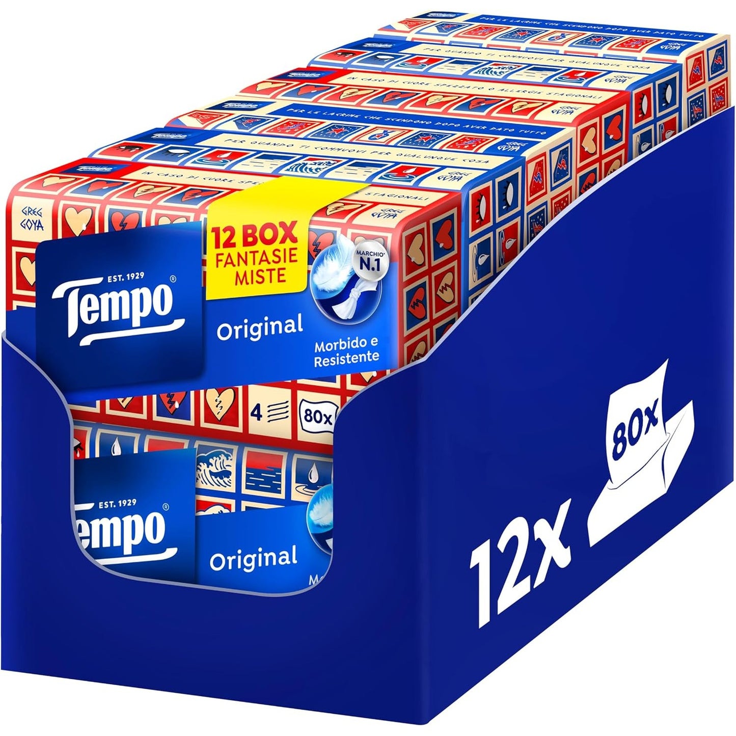 271502 - Shami Origjinale Tempo - Kuti me 4 Shtresa - 12 Paketa me 80 Shami në 4 Dizajne të Përziera, 960 Shami