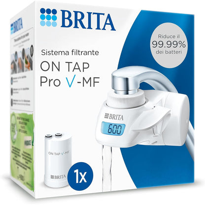 221205 - BRITA ON TAP Pro V-MF përfshirë 1 x filtër uji rubineti V-MF (600L) - zvogëlon klorin, 99.99% baktere, PFAS - matës dixhital i rrjedhës