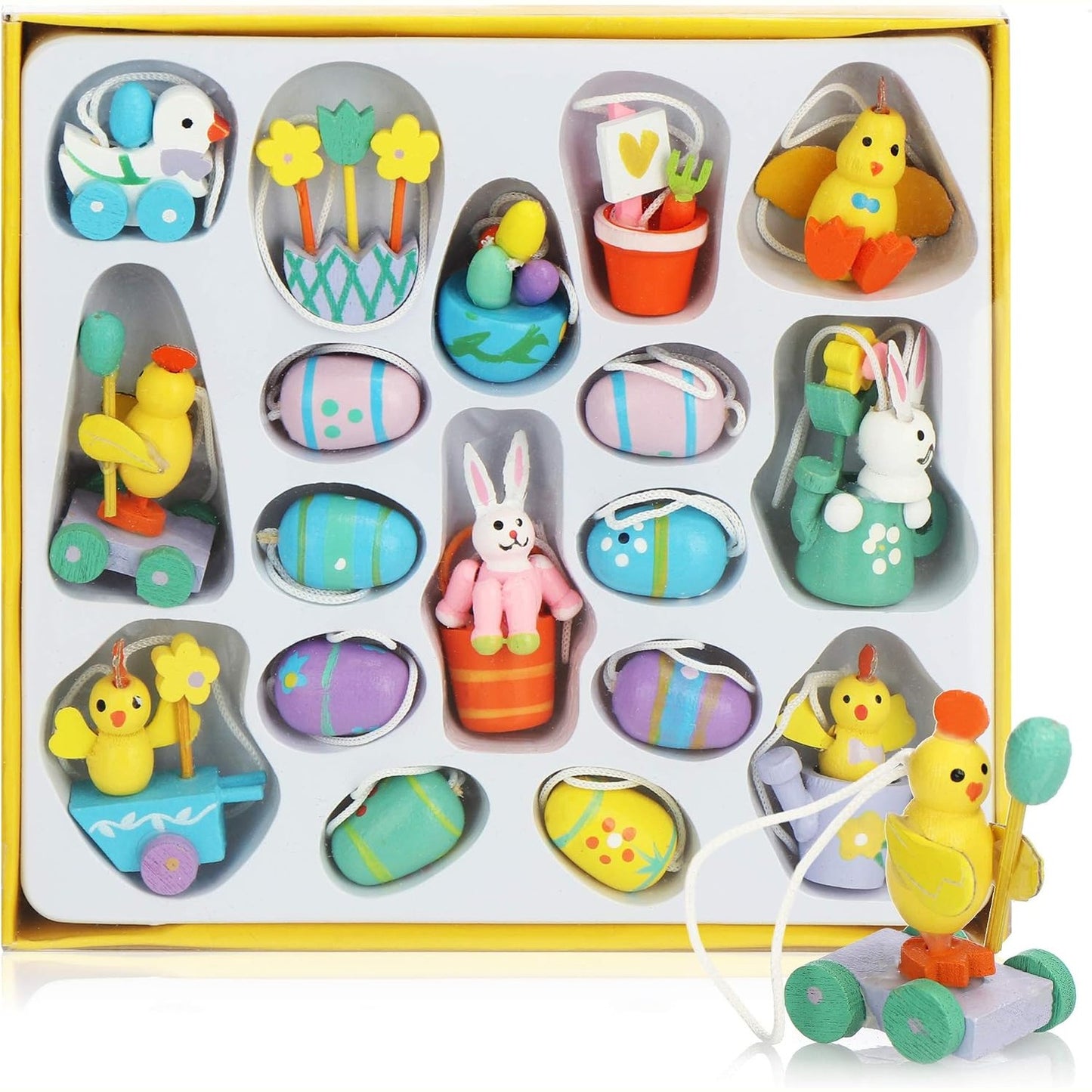 294455 - com-four® Set 34 copësh me zbukurime druri për Pashkë, 2-4 cm, figura druri të pikturuara për pemën e Pashkëve