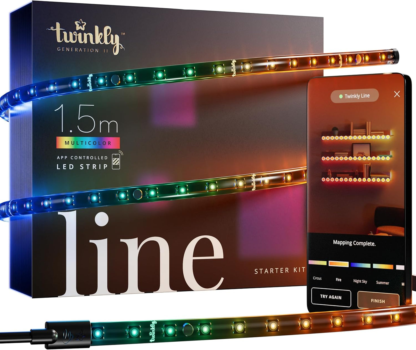 255301 - TWINKLY Line – Kit Fillestar, Shirit Drite LED Vetëngjitës + Magnetik, Kontrollueshëm nga Aplikacioni, LED RGB (16 Milion Ngjyra), 1.5 Metra, Shirit i Zi