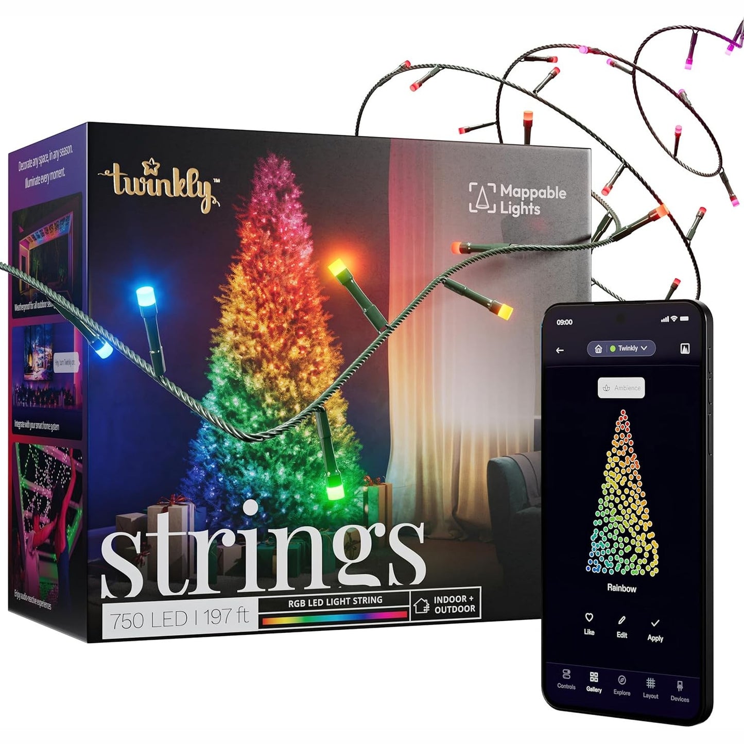 250013 - TWINKLY Shirita LED 750 RGB, të hartëzueshme për ambiente të brendshme dhe të jashtme, LED inteligjentë shumëngjyrësh, të pajtueshëm me Alexa dhe Google Home, IP44, të kontrolluar nga aplikacioni, tel i zi, 60 m