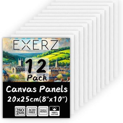 247625 - EXERZ Panele kanavacë 20x25cm, 12 copë, 100% pambuk, 280 GSM, të lyera me astar të trefishtë, ideale për pikturë me akrilik dhe vaj