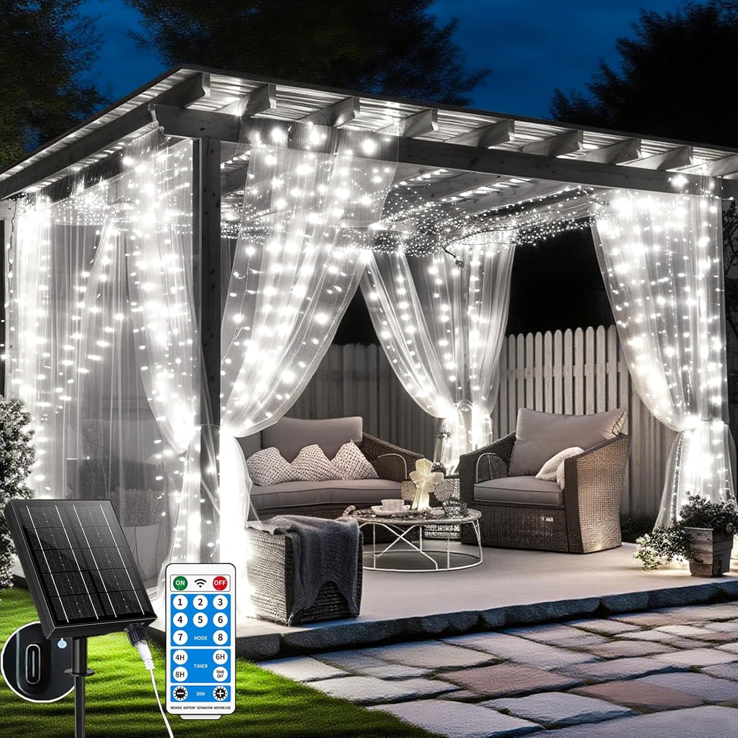 215675 - HOLWIM Drita perdeje solare, 6 x 3 m, 600 LED, IP65 rezistente ndaj ujit, 8 mënyra me telekomandë